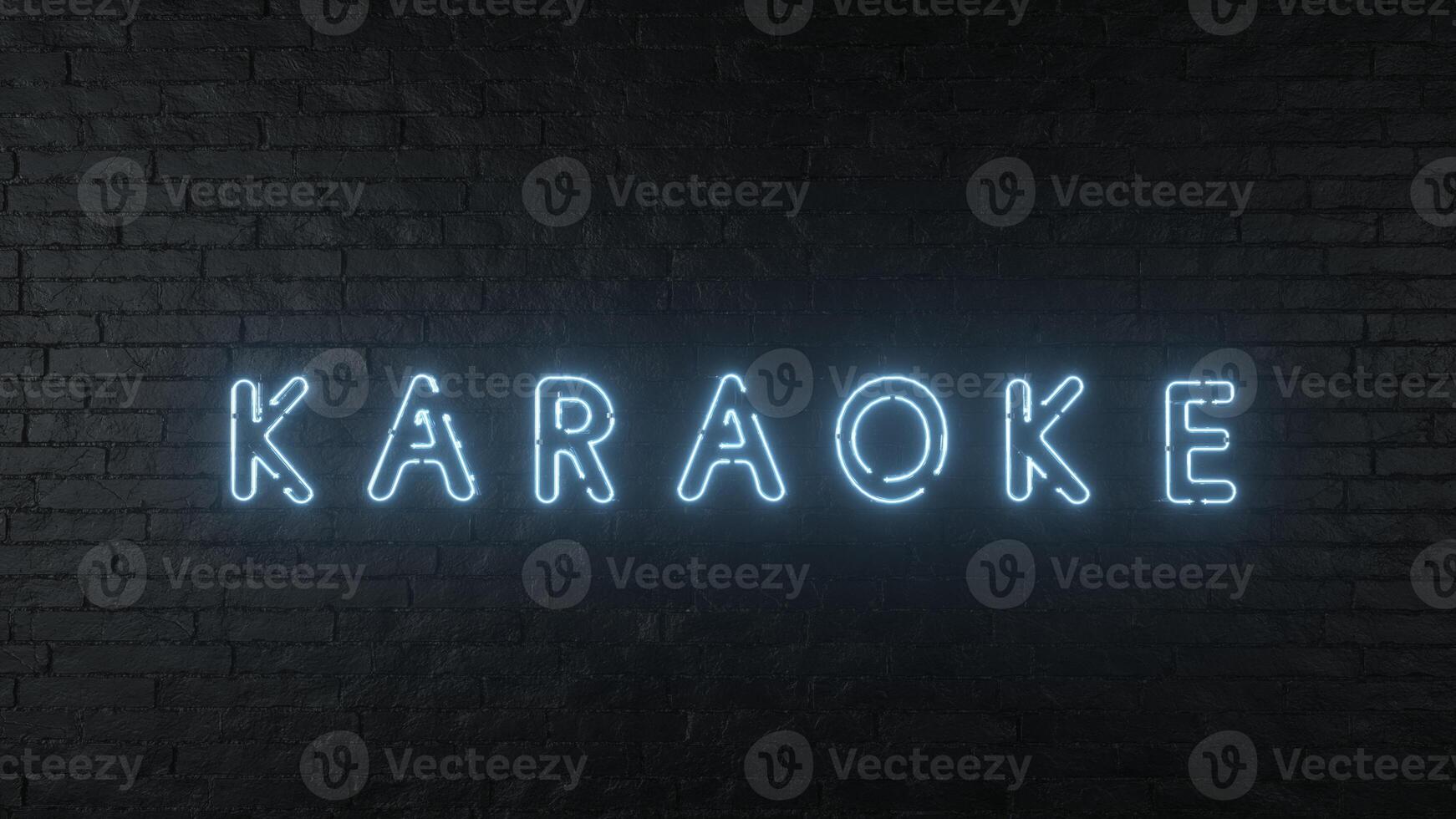 Karaoke neon sign on dark brick wall background. 3D illustration photo