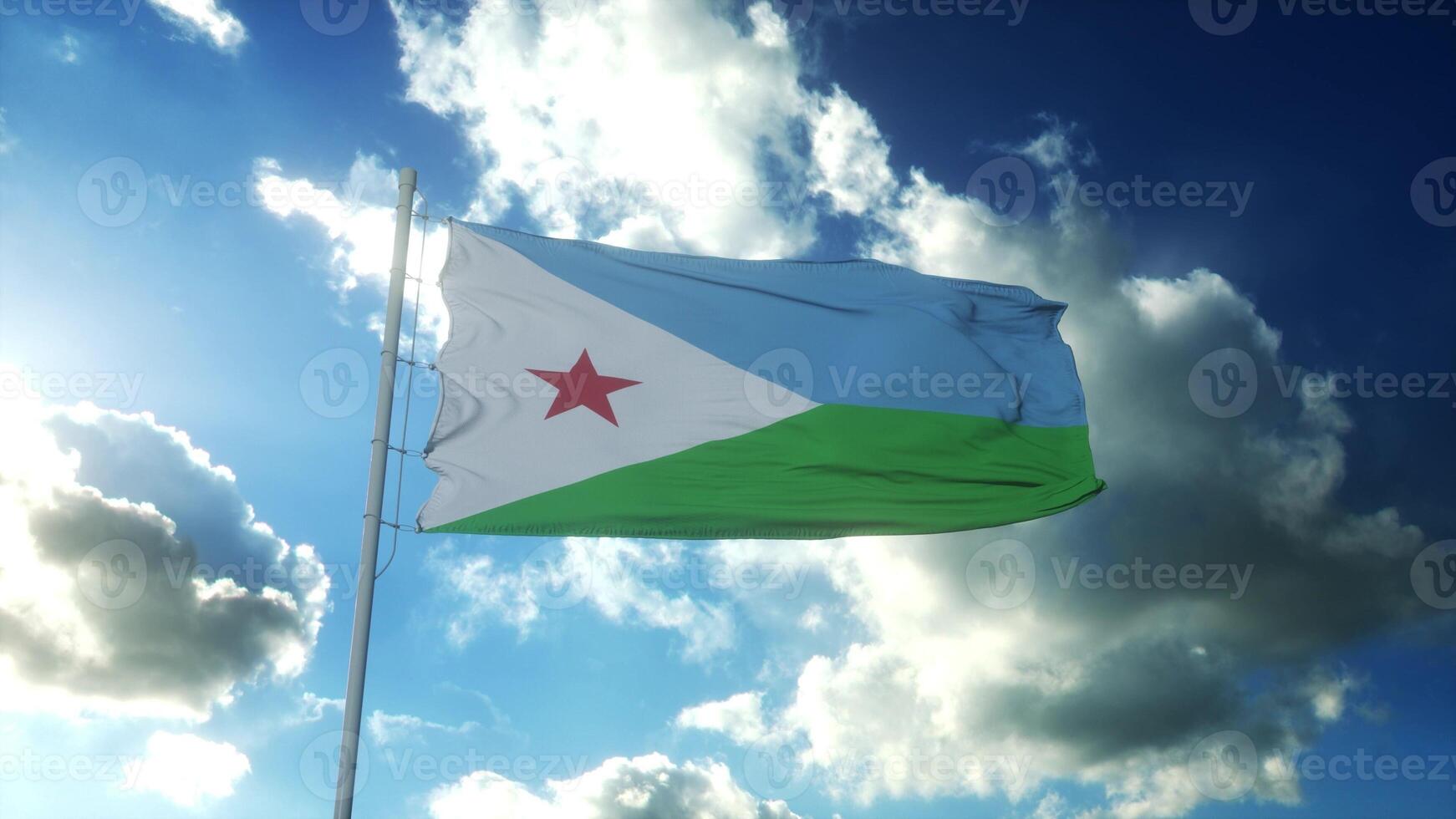 Flag of Djibouti waving at wind against beautiful blue sky. 3d rendering photo