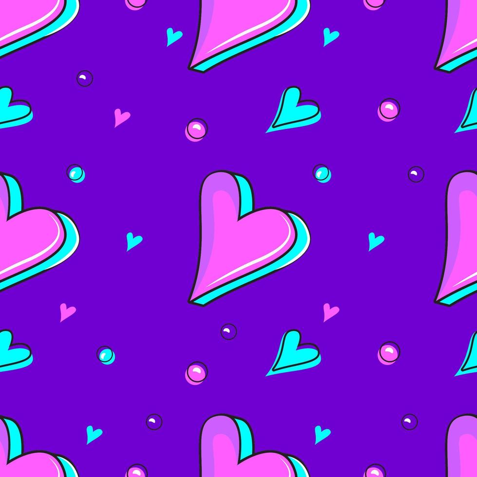 Violet seamless pattern of heart in memphis style. Vector love background retro vintage 80s or 90s style.