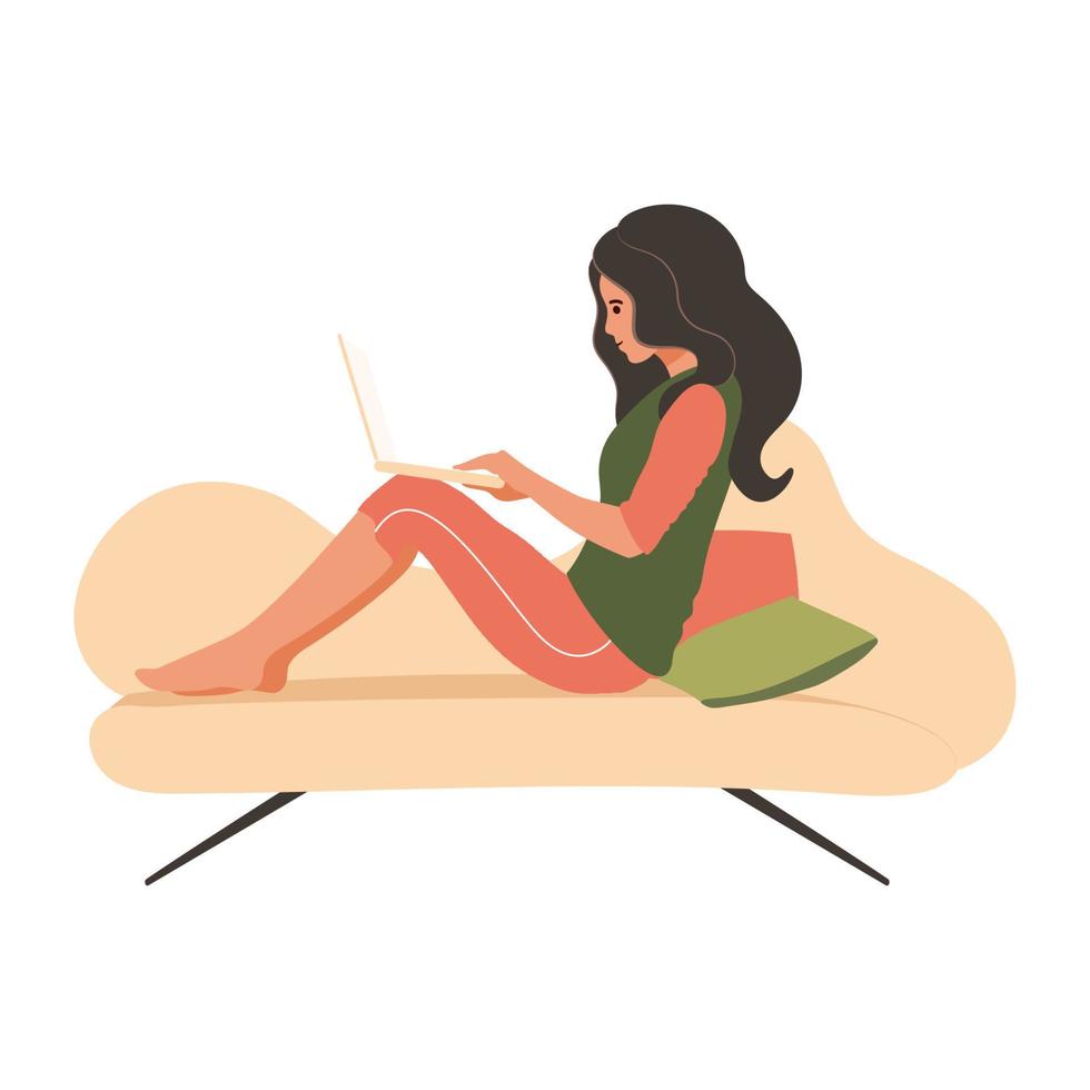 A young woman is working behind a laptop on the couch. Flat vector isolated illustration of freelancer girl