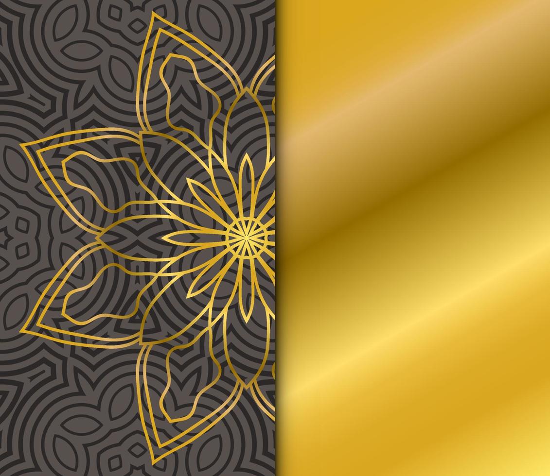 Cute gold Mandala card with striped pattern. Ornamental round doodle flower isolated on dark background. Geometric decorative ornament in ethnic oriental style. vector