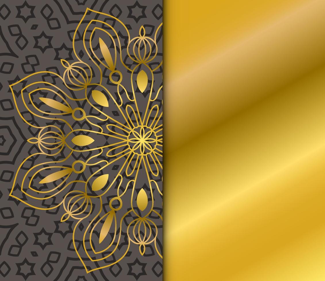 Cute gold Mandala card with striped pattern. Ornamental round doodle flower isolated on dark background. Geometric decorative ornament in ethnic oriental style. vector