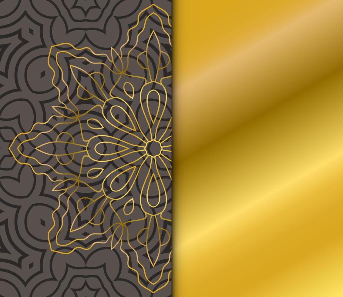 linda tarjeta de mandala dorada con patrón de rayas. flor de garabato redonda ornamental aislada sobre fondo oscuro. ornamento decorativo geométrico en estilo étnico oriental. vector