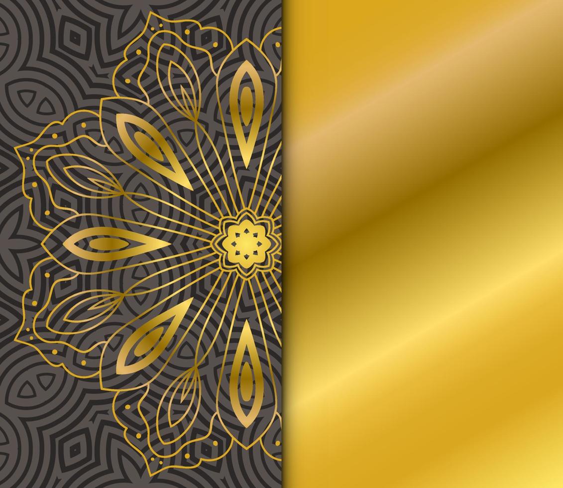 Cute gold Mandala card with striped pattern. Ornamental round doodle flower isolated on dark background. Geometric decorative ornament in ethnic oriental style. vector