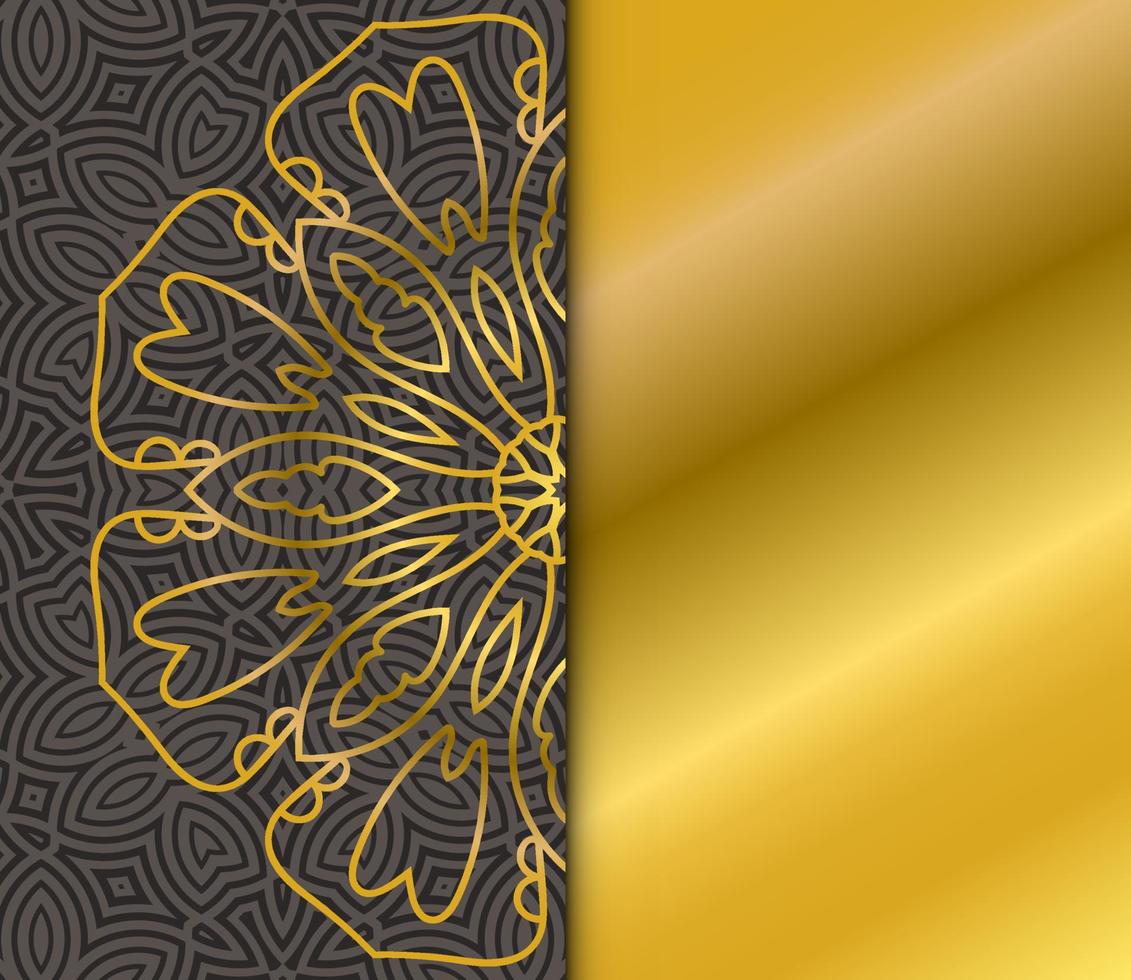 Cute gold Mandala card with striped pattern. Ornamental round doodle flower isolated on dark background. Geometric decorative ornament in ethnic oriental style. vector