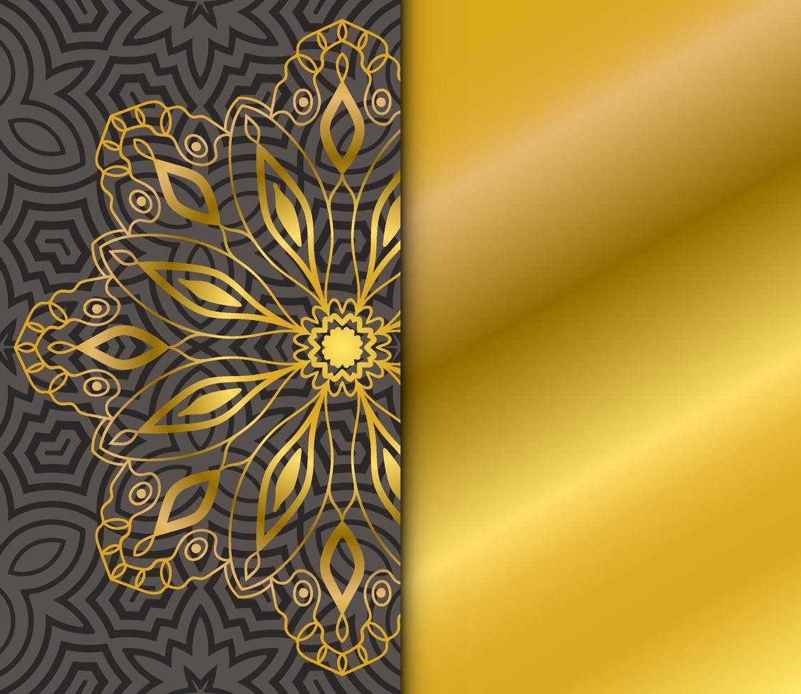 Cute gold Mandala card with striped pattern. Ornamental round doodle flower isolated on dark background. Geometric decorative ornament in ethnic oriental style. vector