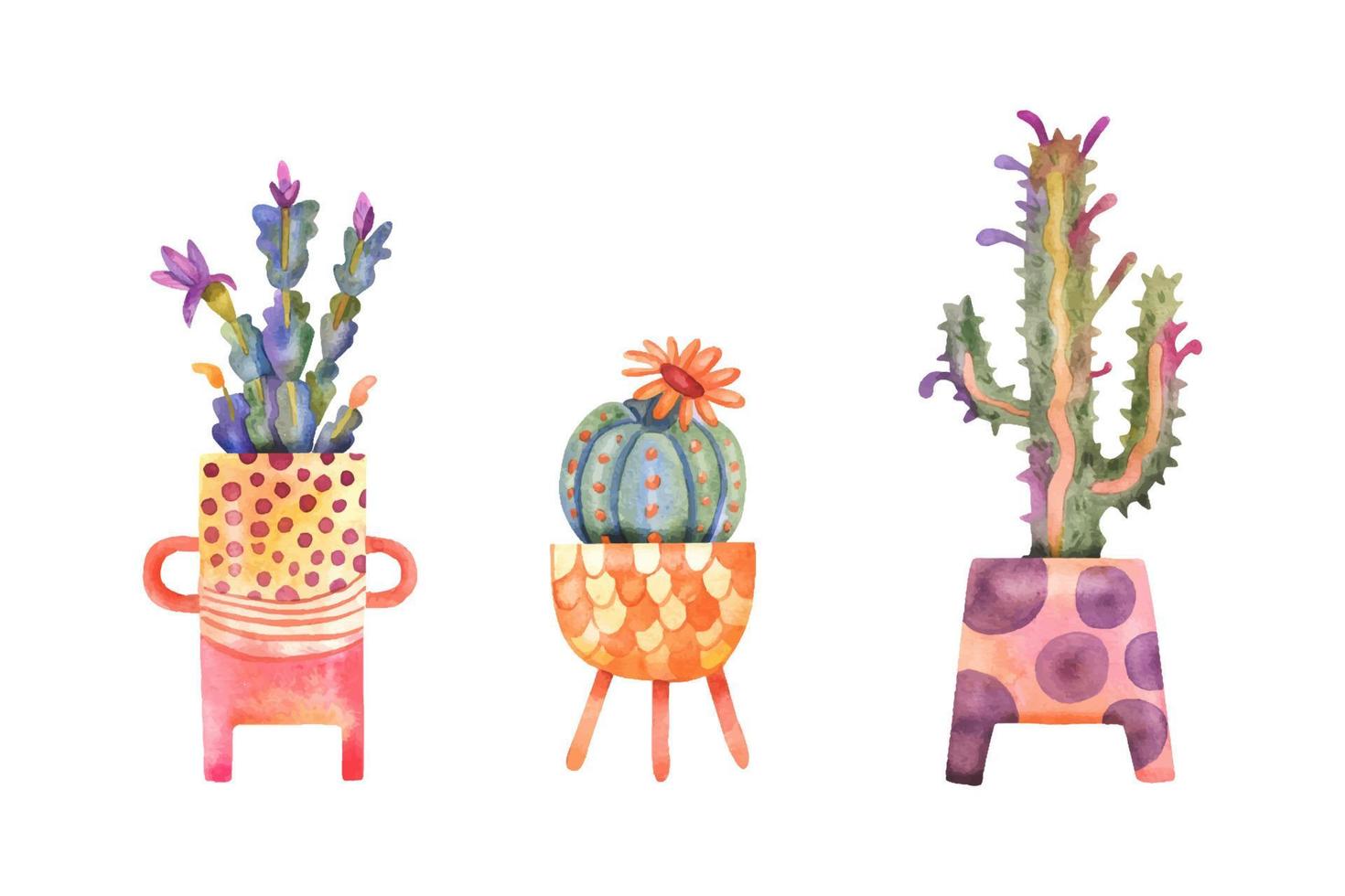 Watercolor cacti in pots collection. Hand drawn cactus and succulents in colorful and cute pots isolated on white vector