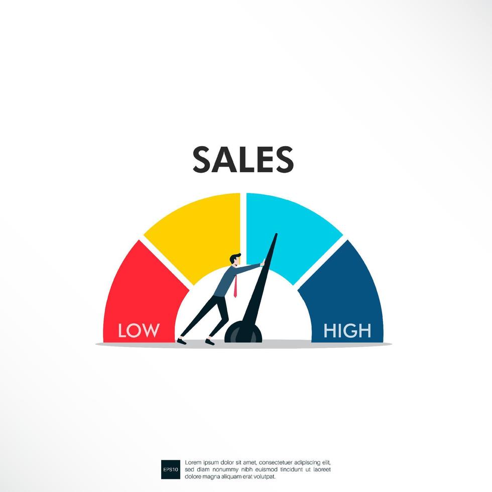 sales conceptual meter indicate. Businessman pushing a needle to high pointing vector