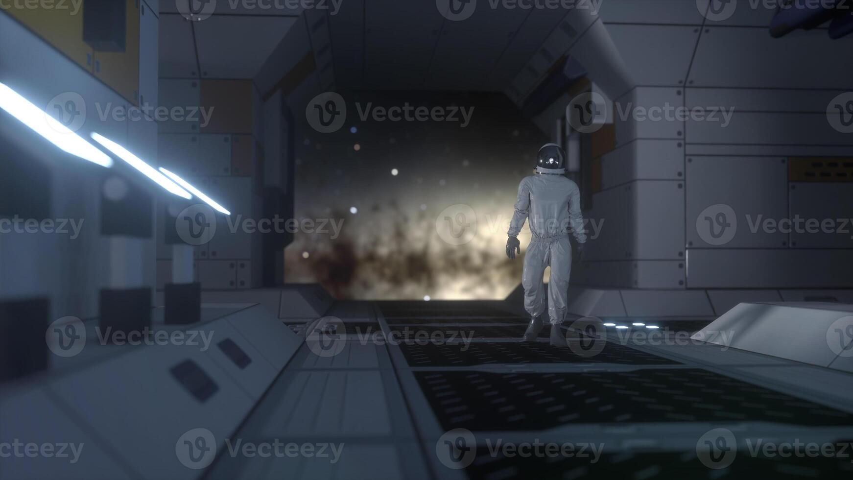 Astronaut in futuristic spaceship. View of the earth. Concept for futuristic or space travel backgrounds. 3d rendering photo