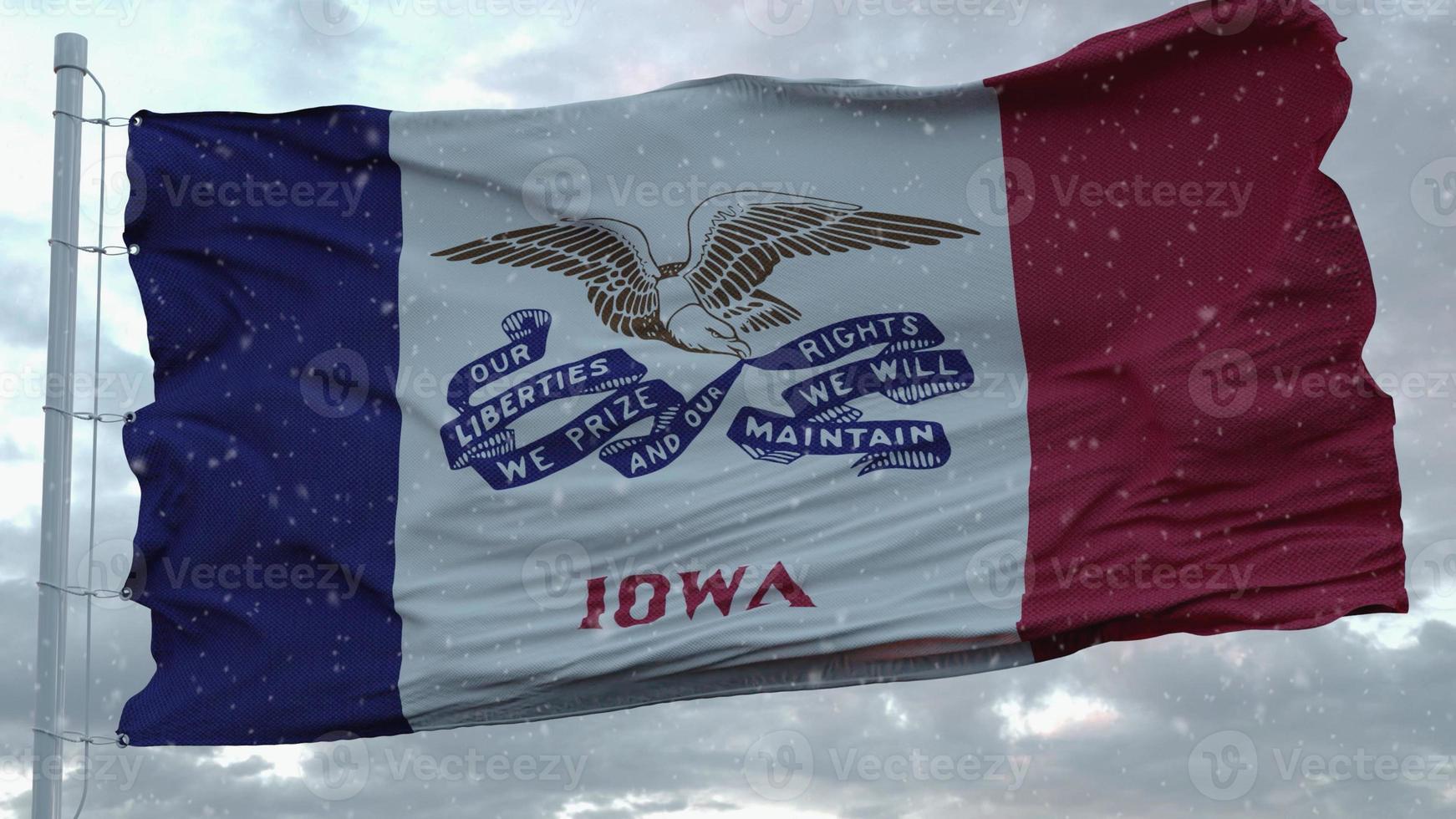 Iowa winter flag with snowflakes background. United States of America. 3d rendering photo