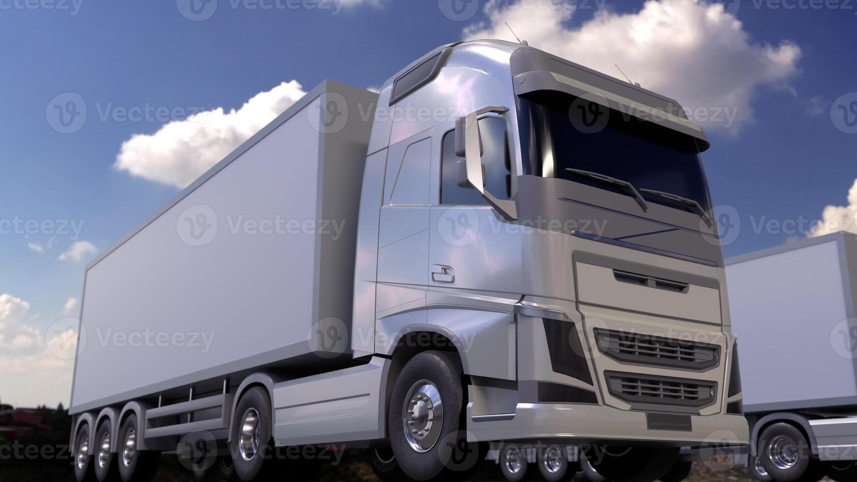 White semi trucks loading or unloading. Cargo logistics concept. 3d rendering photo