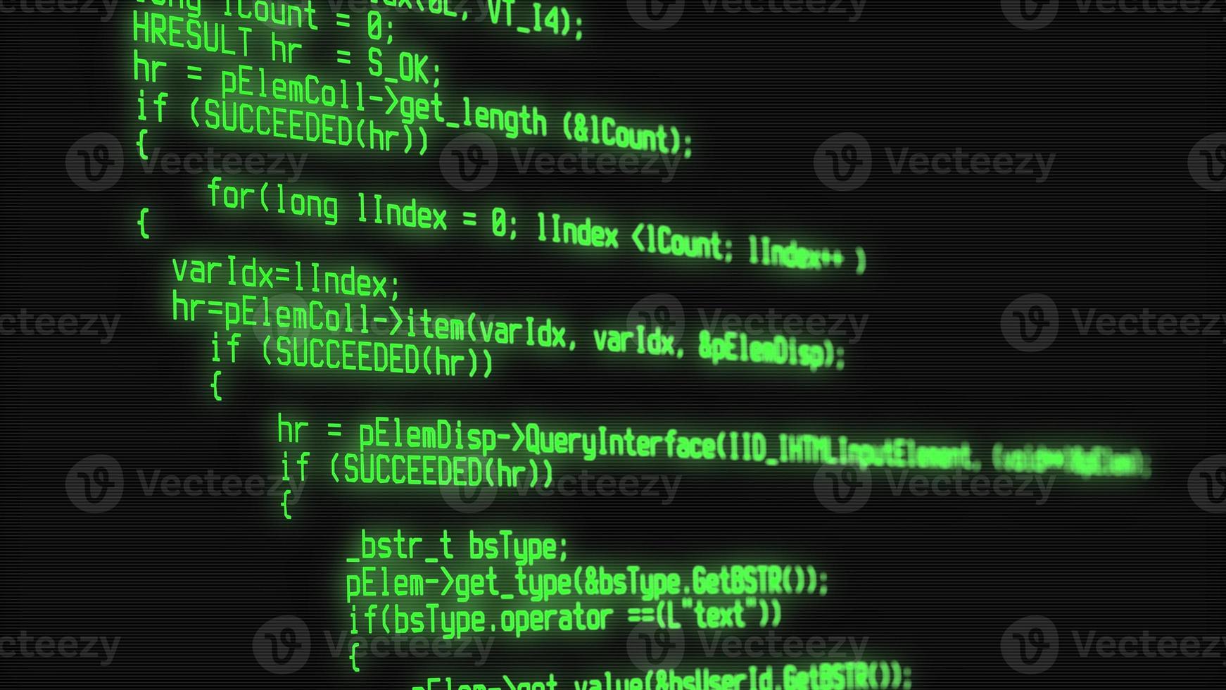 primer plano de un código de programa en una pantalla de computadora. tecnología, codificación, programación, desarrollo de software y concepto de piratería. representación 3d foto