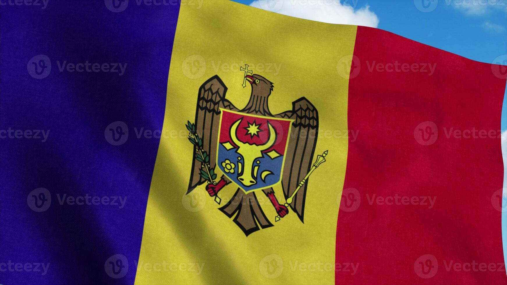 Moldova flag on a flagpole waving in the wind, blue sky background. 3d rendering photo