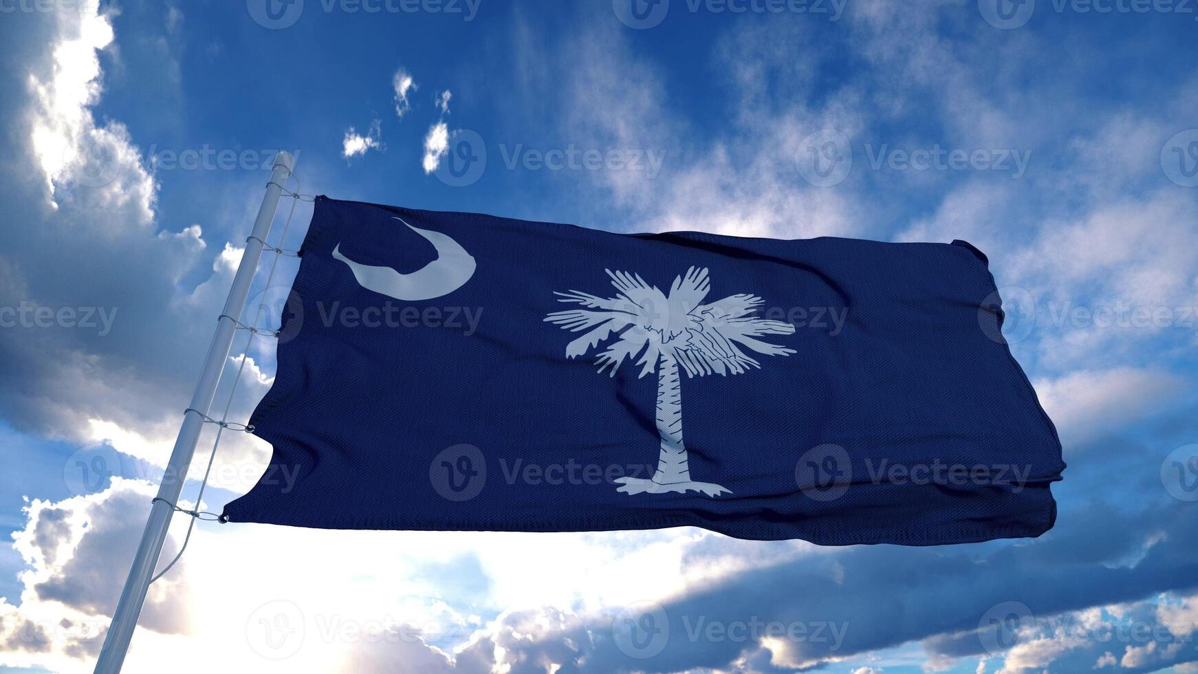 South Carolina flag on a flagpole waving in the wind, blue sky background. 3d rendering photo