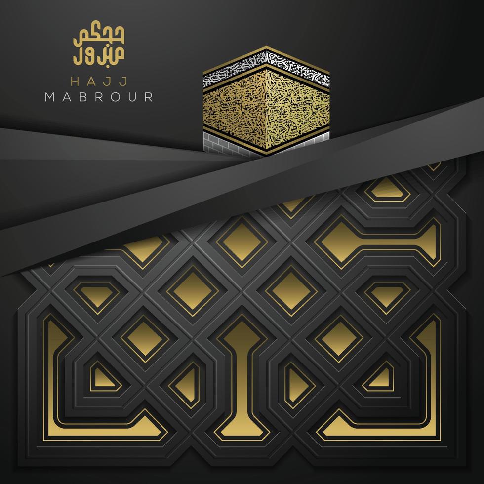 Hajj Mabrour greeting islamic floral pattern background vector design with shiny gold arabic calligraphy.  Translation of text Hajj pilgrimage May Allah accept your Hajj and grant you forgiveness