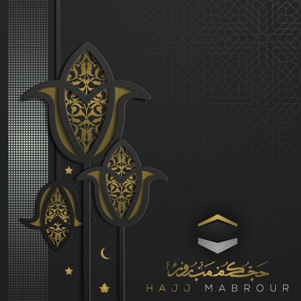 hajj mabrour saludo diseño de vector de fondo de patrón floral islámico con caligrafía árabe de oro brillante. traducción del texto peregrinación al hajj que allah acepte tu hajj y te conceda el perdón