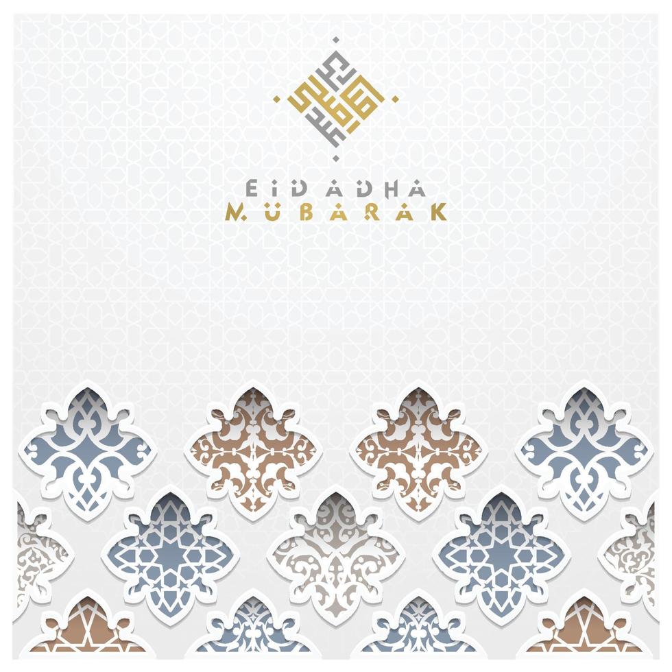 Eid Adha Mubarak beautiful arabic calligraphy islamic greeting with morocco pattern, mosque and crescent for background, banner and greeting card. translation of text Blessed Festival vector