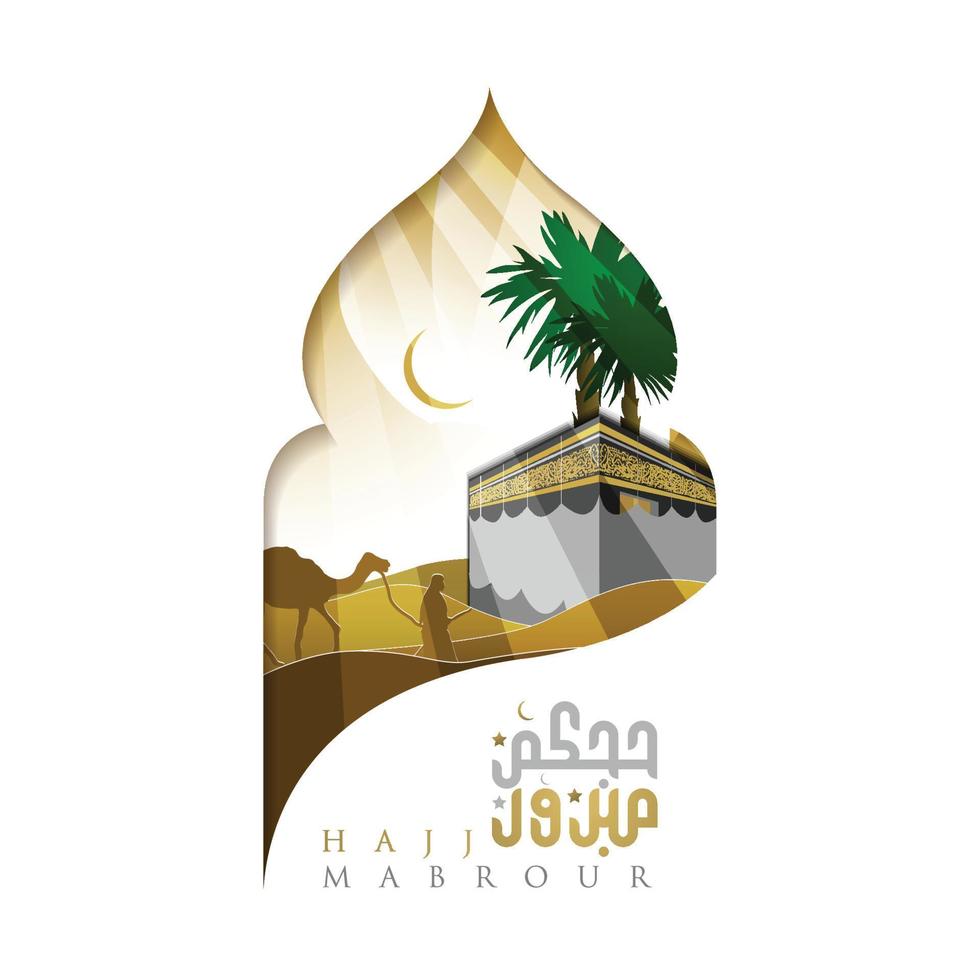 Hajj Mabrour Greeting Islamic arabic Calligraphy vector design with glowing kaaba for card, background. Translation of text Hajj pilgrimage May Allah accept your Hajj and grant you forgiveness
