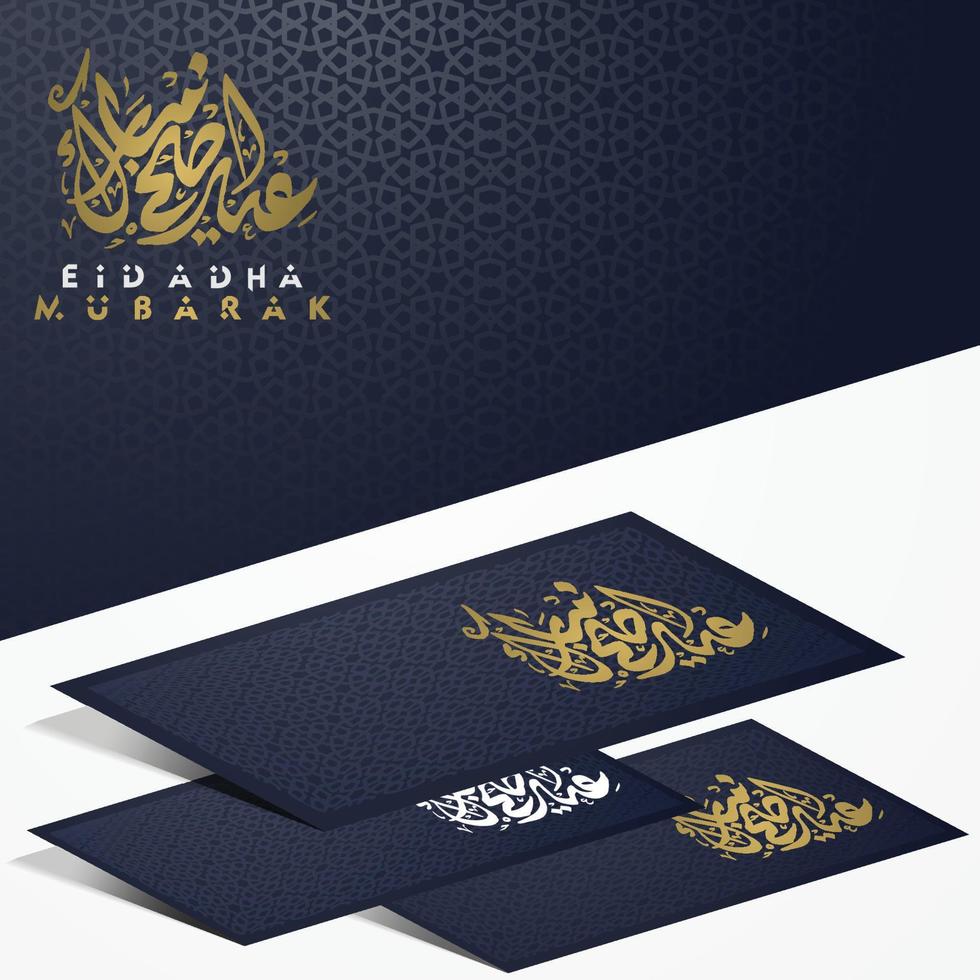 Eid Adha Mubarak beautiful arabic calligraphy islamic greeting with morocco pattern, mosque and crescent for background, banner and greeting card. translation of text  Blessed Festival vector