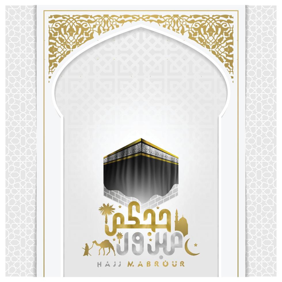 Hajj Mabrour Greeting Islamic arabic Calligraphy vector design with glowing kaaba for card, background. Translation of text  Hajj pilgrimage May Allah accept your Hajj and grant you forgiveness