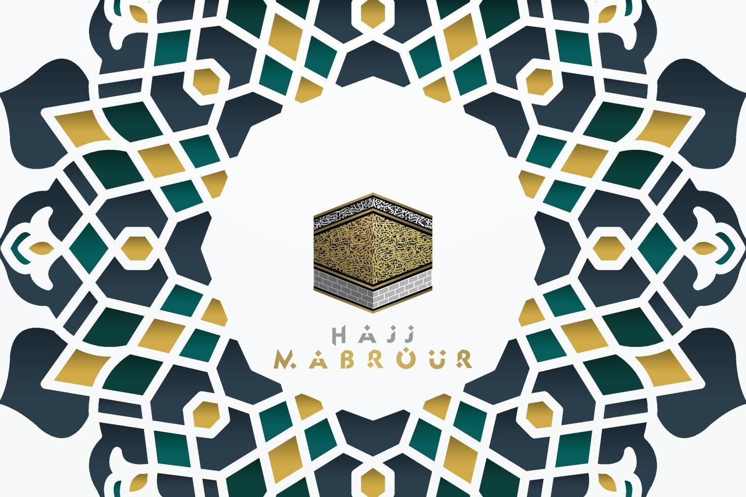 Hajj Mabrour greeting islamic floral pattern background vector design with shiny gold arabic calligraphy.  Translation of text Hajj pilgrimage May Allah accept your Hajj and grant you forgiveness