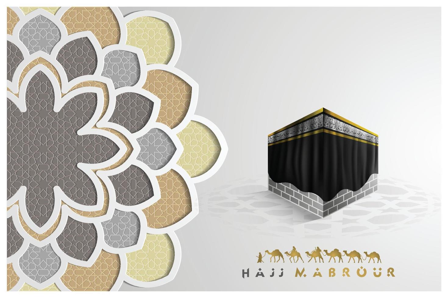 hajj mabrour saludo diseño de vector de fondo de patrón floral islámico con caligrafía árabe de oro brillante. traducción del texto peregrinación al hajj que allah acepte tu hajj y te conceda el perdón