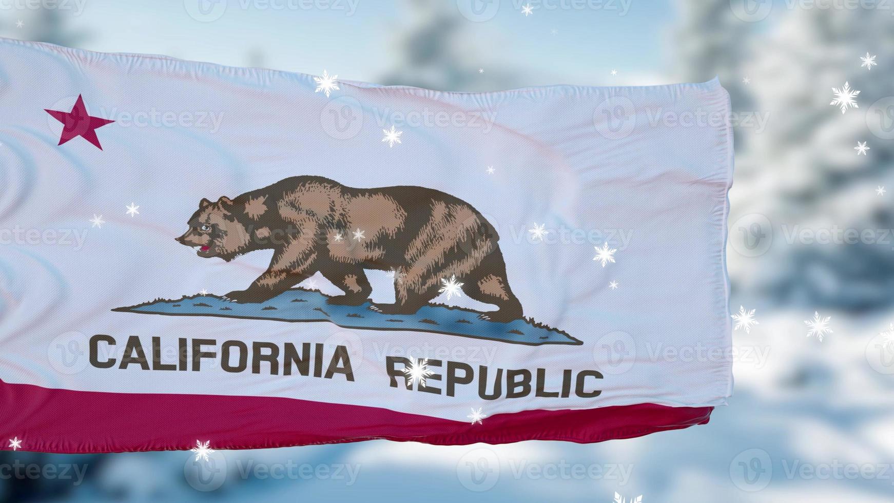 California winter snowflakes flag background. United States of America. 3d illustration photo