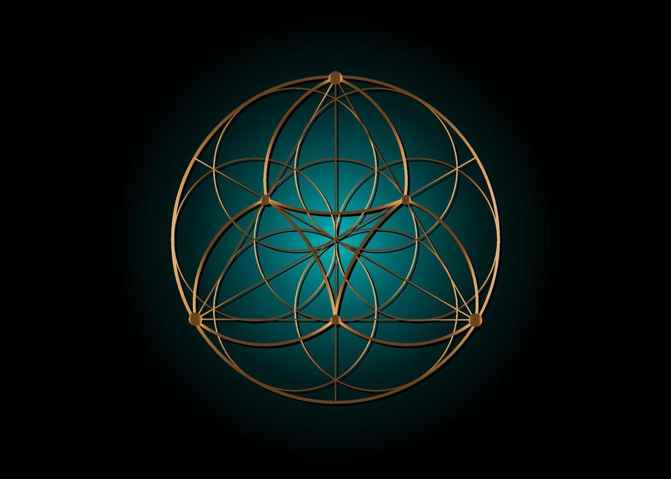 Seed Flower of life lotus icon, yantra mandala sacred geometry, golden symbol of harmony and balance. Blue color Mystical talisman, gold lines vector isolated on black background