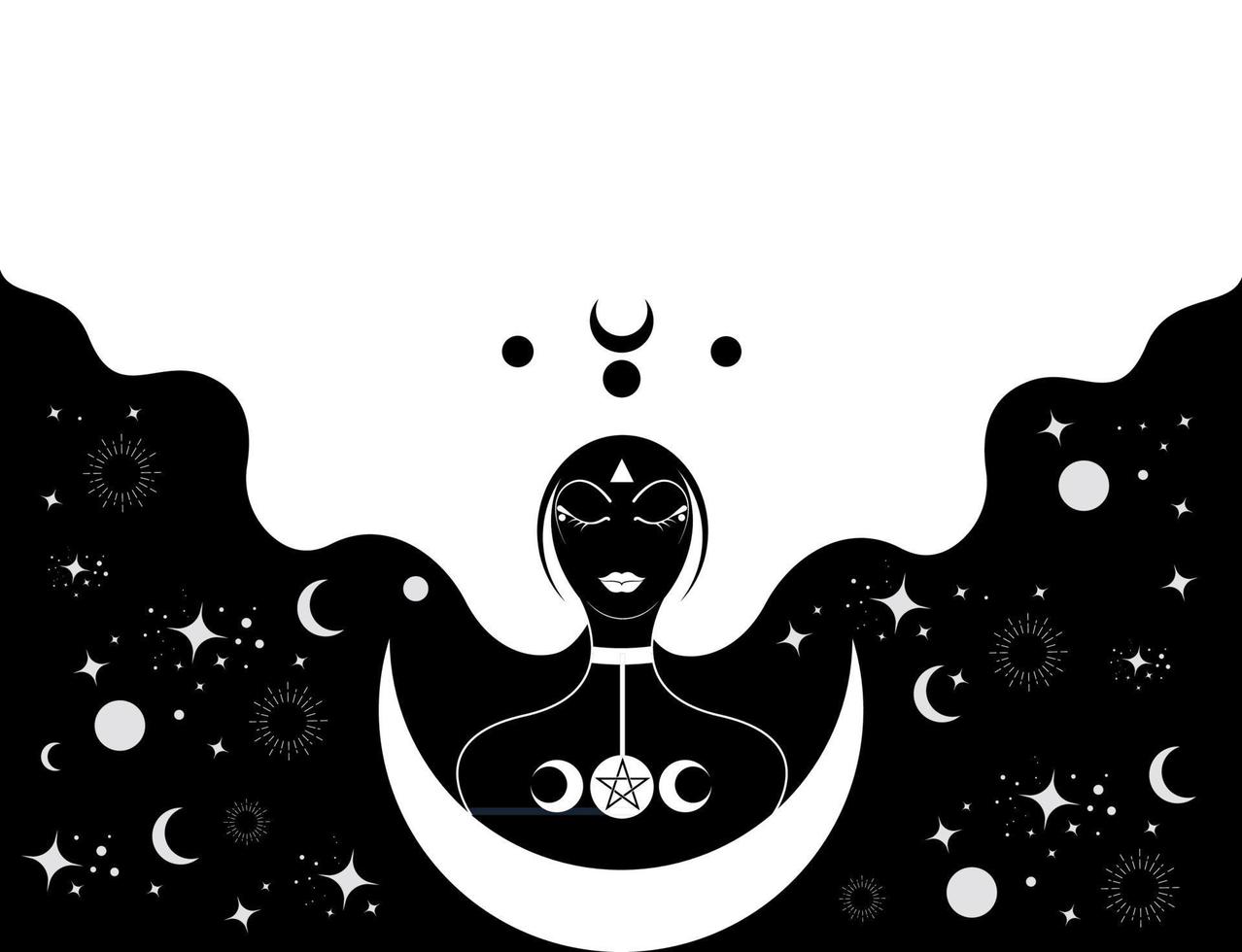 sacerdotisa de pelo largo, plantilla. luna creciente, icono sagrado de la diosa de la mujer negra wiccan. signo religioso wicca de triple luna. símbolos de neopaganismo sobre fondo celeste blanco vector