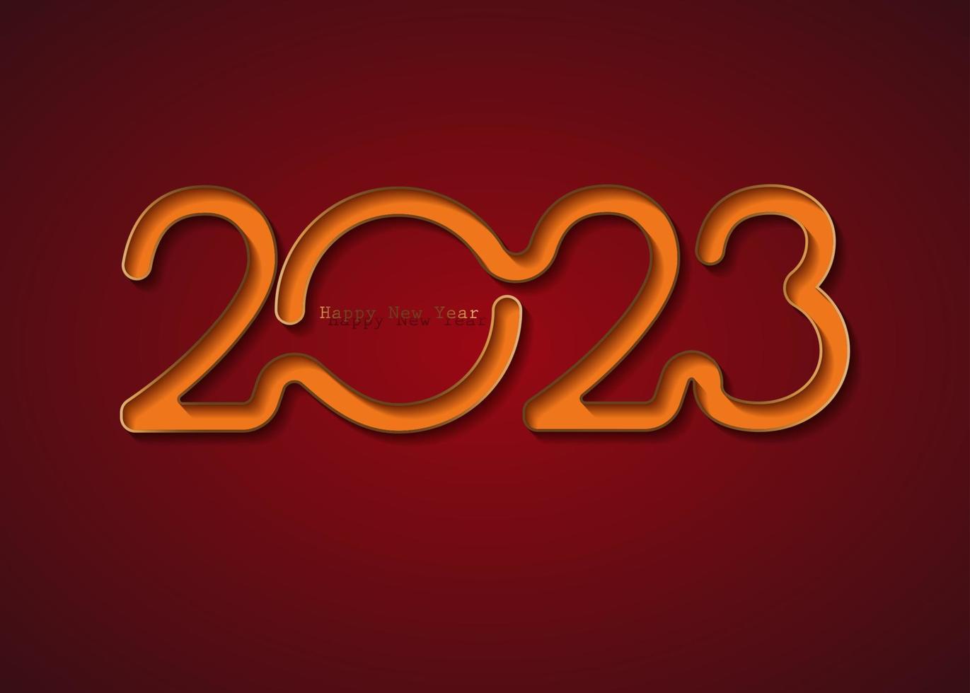 2023 diseño de logotipo naranja dorado de año nuevo. tarjeta de felicitación navideña. ilustración vectorial diseño de vacaciones para tarjeta de felicitación, invitación, calendario, fiesta, etiqueta dorada de vacaciones aislada en fondo rojo vector