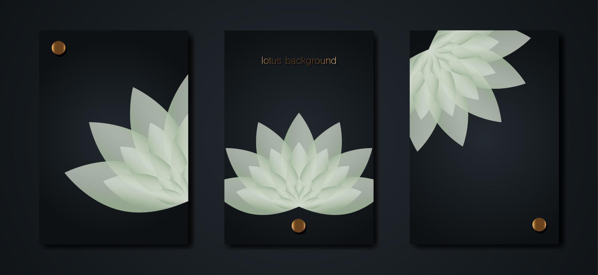 plantilla de conjunto de banner de loto, flor verde de tarjetas de vida. geometría sagrada. símbolo de armonía y equilibrio. señal de pureza. vector de diseño de chakra yoga aislado sobre fondo negro