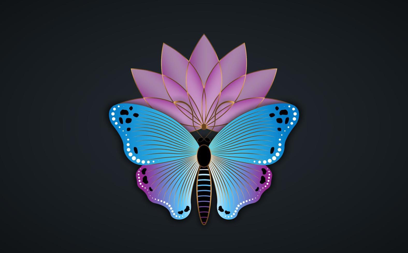 eslogan del logotipo de la flor de loto y la mariposa con una colorida plantilla de flores de mariposa. concepto de yoga diseño vectorial para estampados de moda, afiches y tarjetas, aislado en fondo negro vector