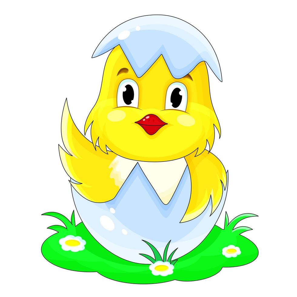 a cute Easter chicken is sitting in a shell and waving its wing, with a hat on its head vector