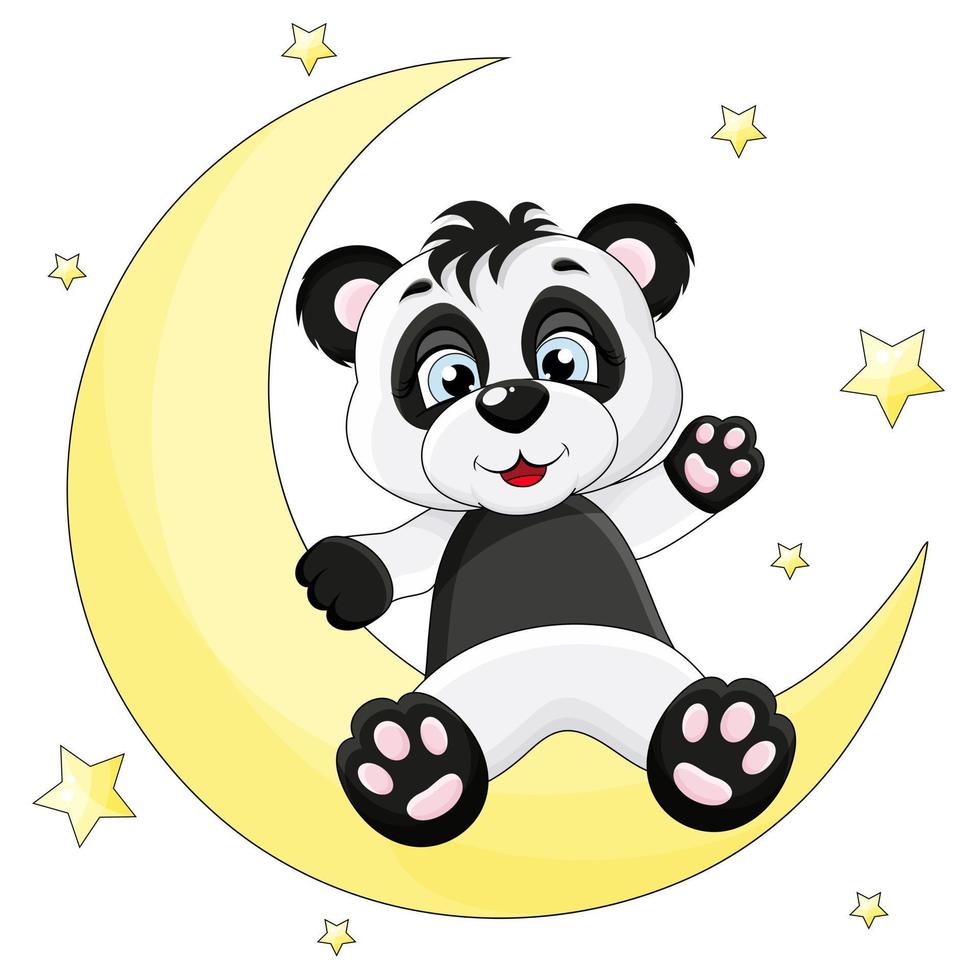 cute panda is sitting on the moon and waving his paw vector
