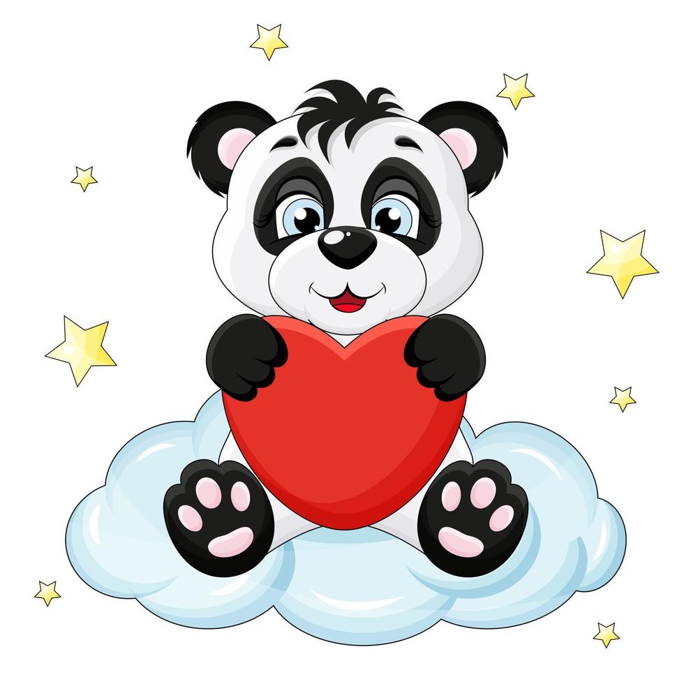 cute panda sits on a cloud and holds a heart in his hands vector