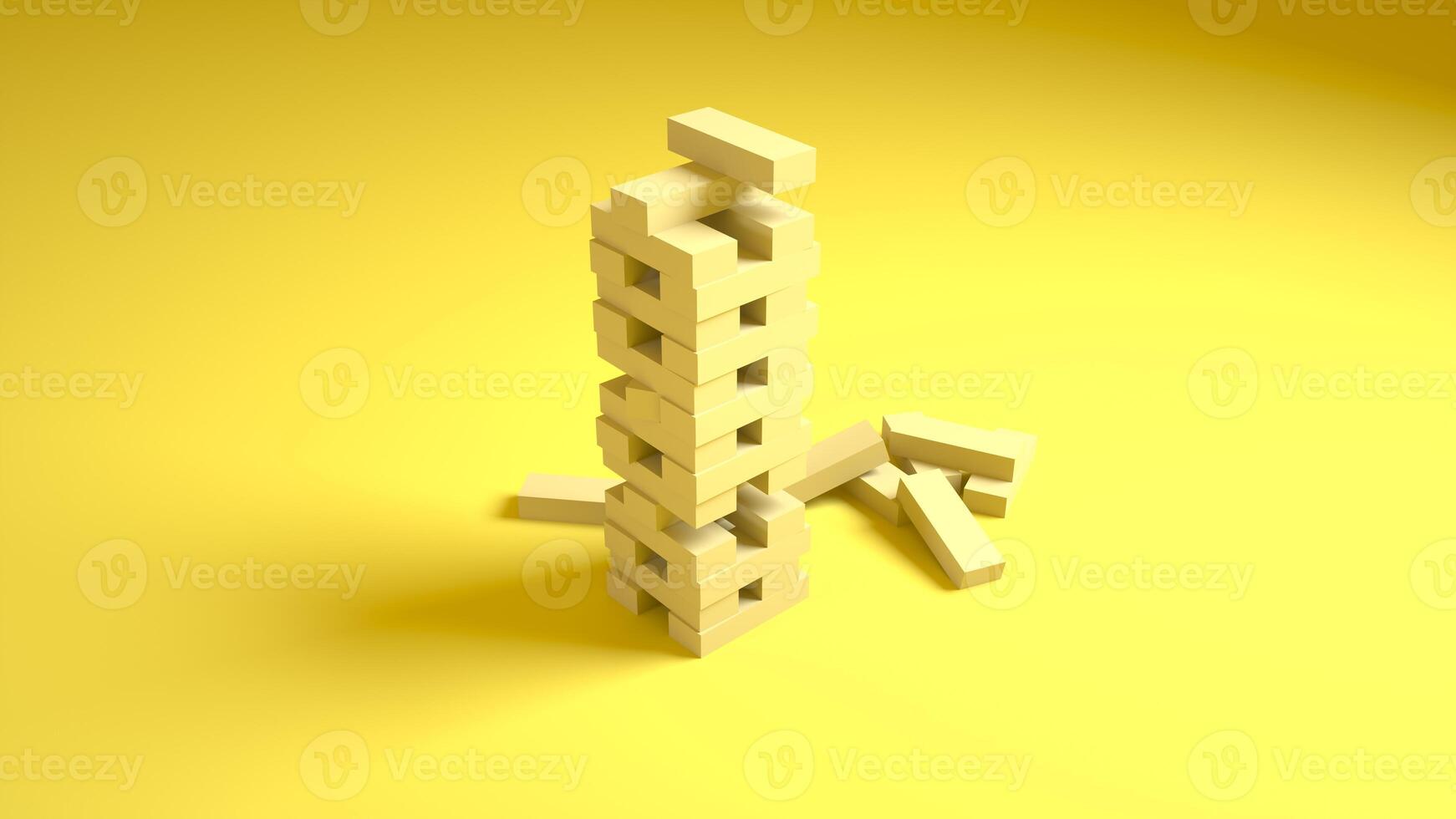 Wooden blocks game isolated on yellow background. 3d rendering photo