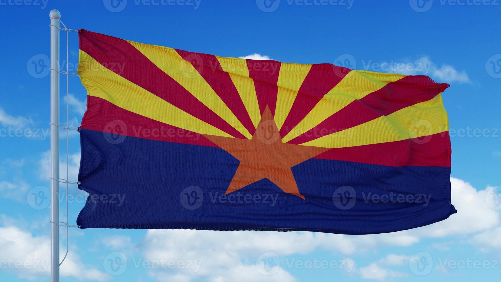 Arizona flag waving in the wind, blue sky background. 3d rendering photo