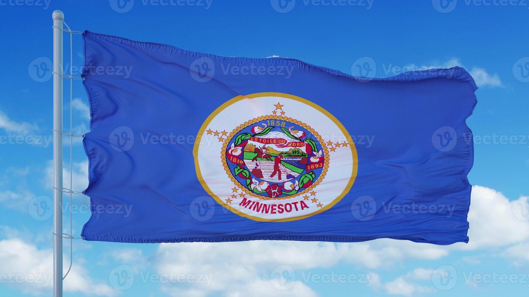 Minnesota flag on a flagpole waving in the wind, blue sky background. 3d rendering photo