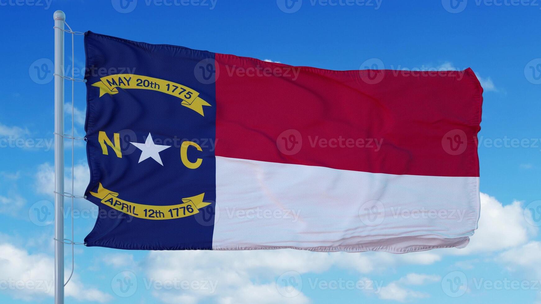 North Carolina flag on a flagpole waving in the wind, blue sky background. 3d rendering photo