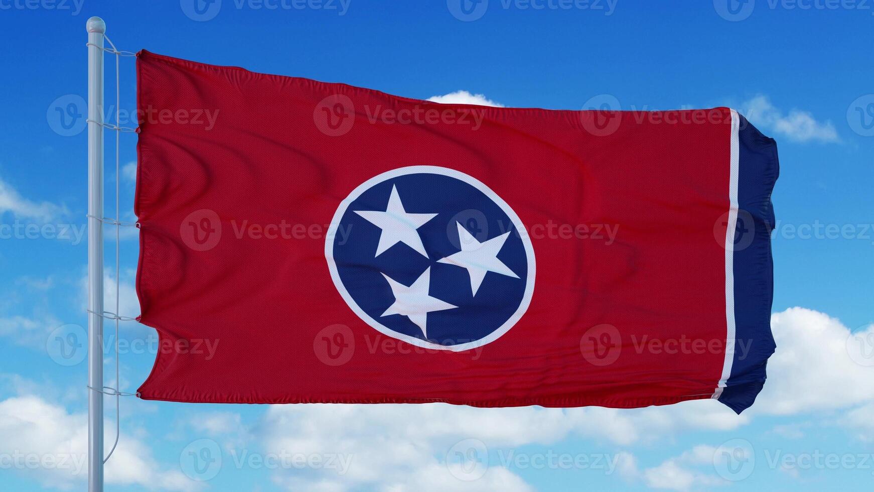 Tennessee flag on a flagpole waving in the wind, blue sky background. 3d rendering photo