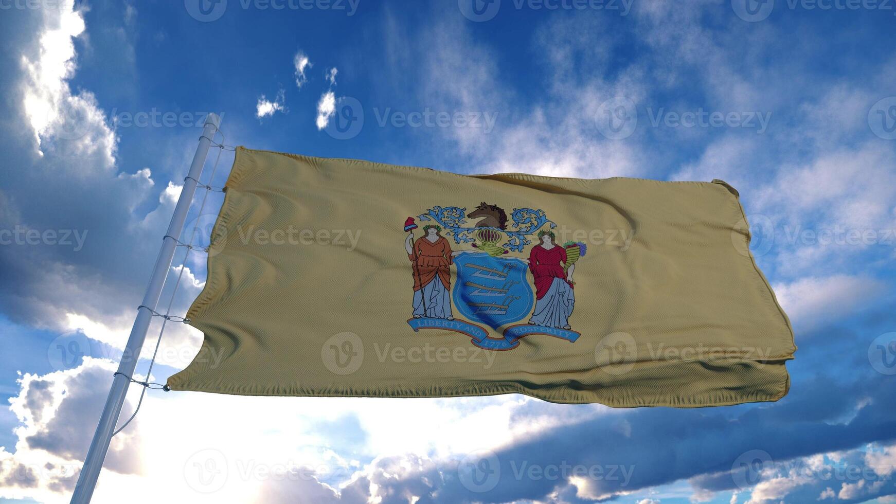 New Jersey flag on a flagpole waving in the wind, blue sky background. 3d rendering photo