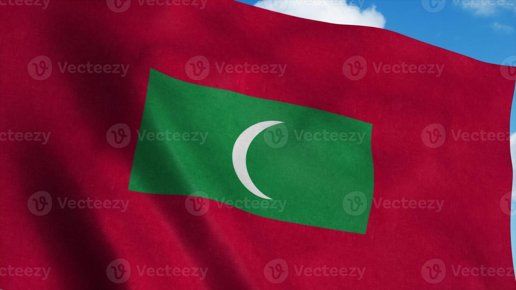 Republic of Maldives flag on a flagpole waving in the wind, blue sky background. 3d rendering photo