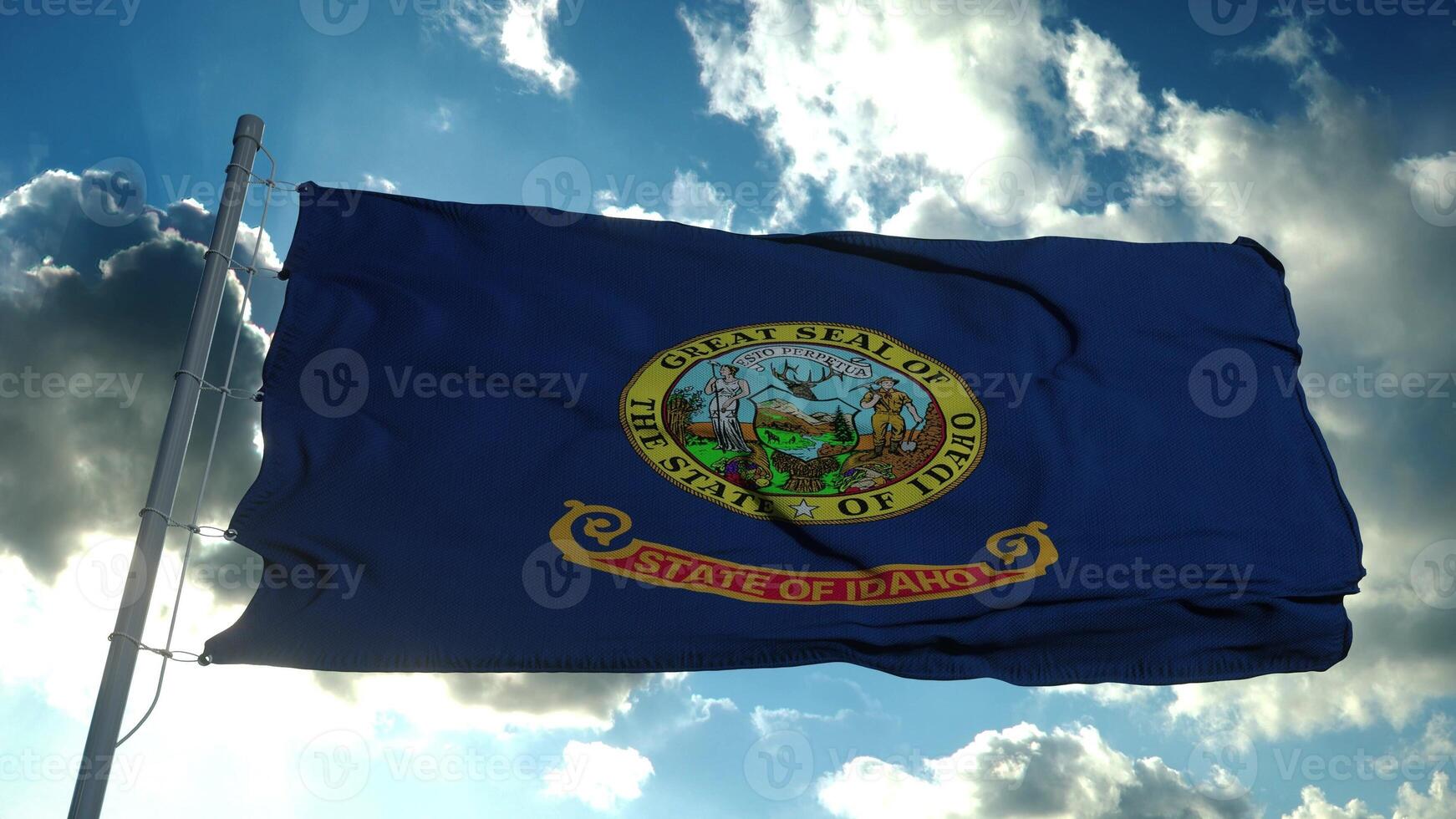 Idaho flag on a flagpole waving in the wind in the sky. 3d rendering photo