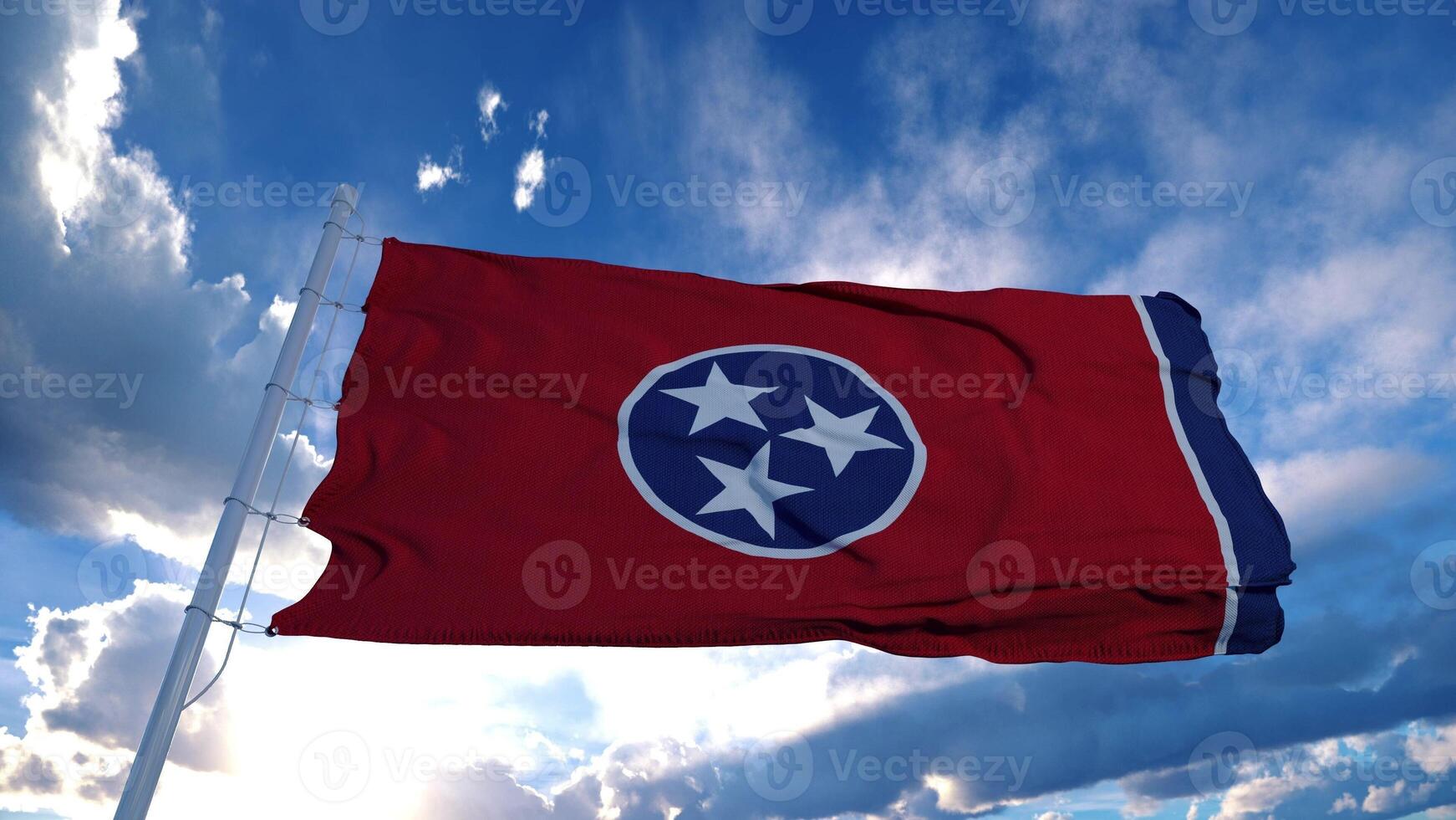 Tennessee flag on a flagpole waving in the wind, blue sky background. 3d rendering photo