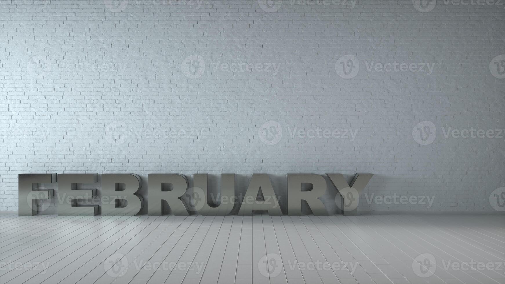 FEBRUARY - Realistic Metal Sign in an empty classic room. 3D illustration photo