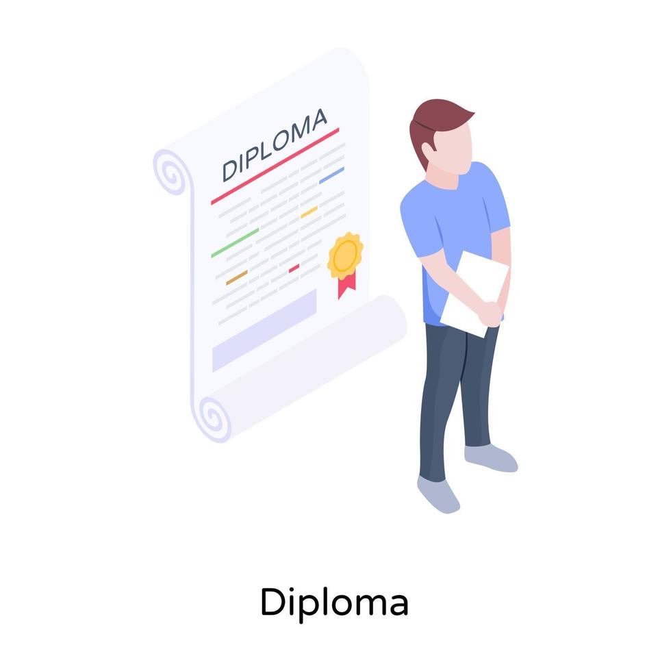 A school diploma with person standing, isometric vector design