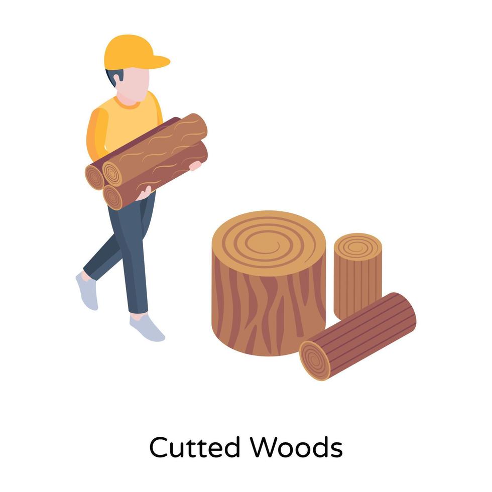 Person carrying wood logs, and cutting isometric icon vector