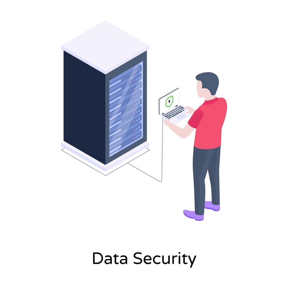 Person monitoring server data security on laptop, isometric icon vector