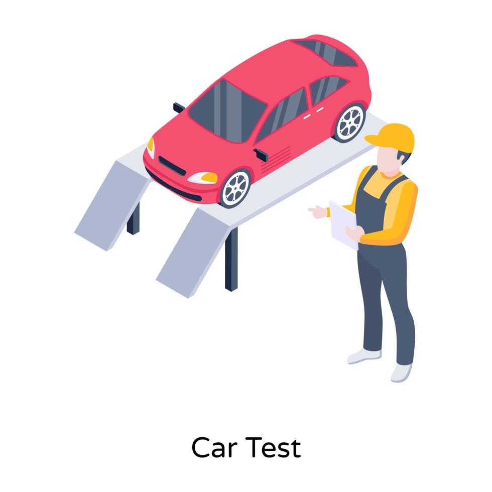 Mechanic checking vehicle, isometric icon of car test vector