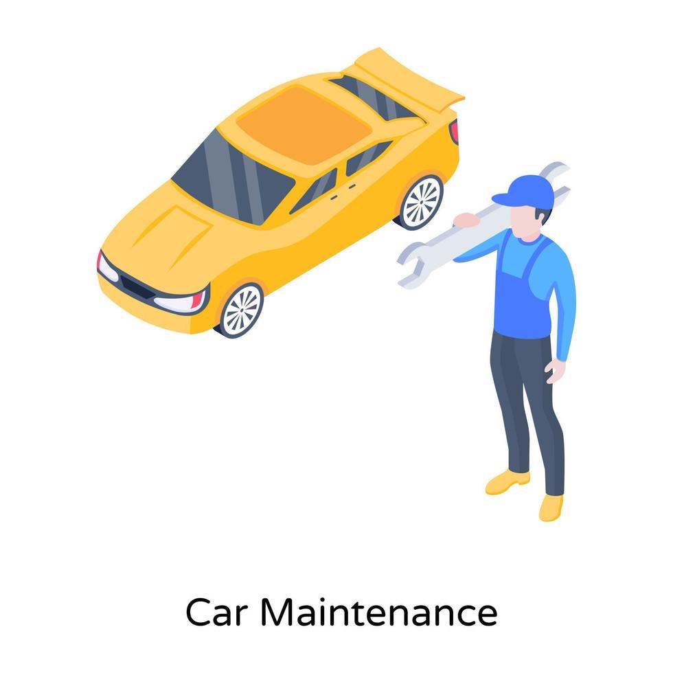 Person with spanner and car, concept of car maintenance isometric icon vector